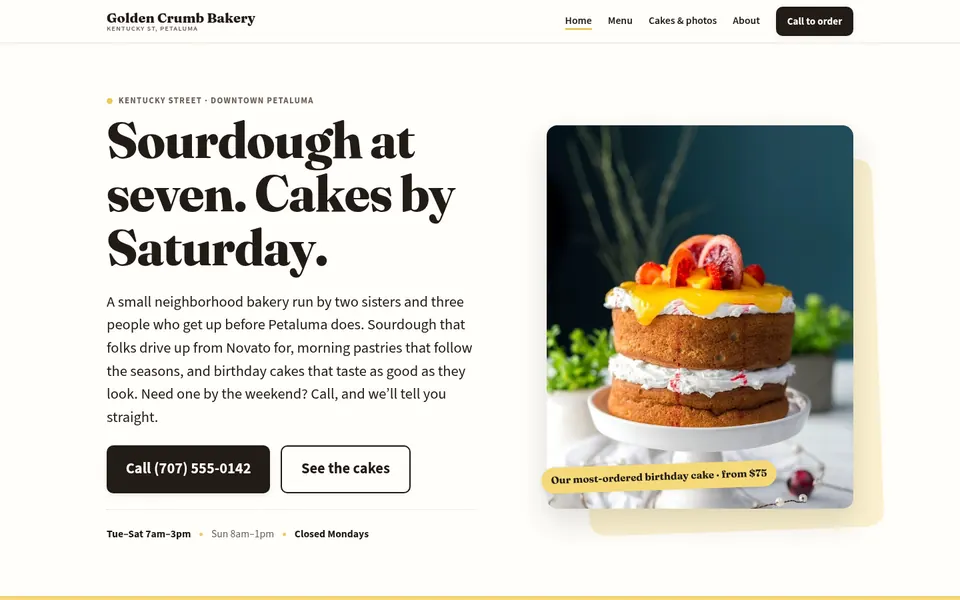 Golden Crumb Bakery website, first screen on a desktop