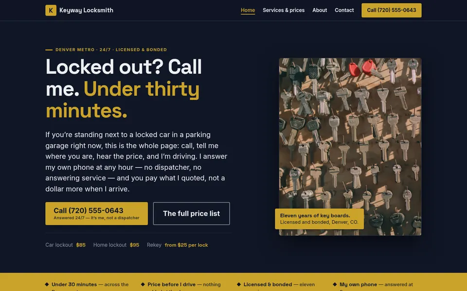 Keyway Locksmith website, first screen on a desktop