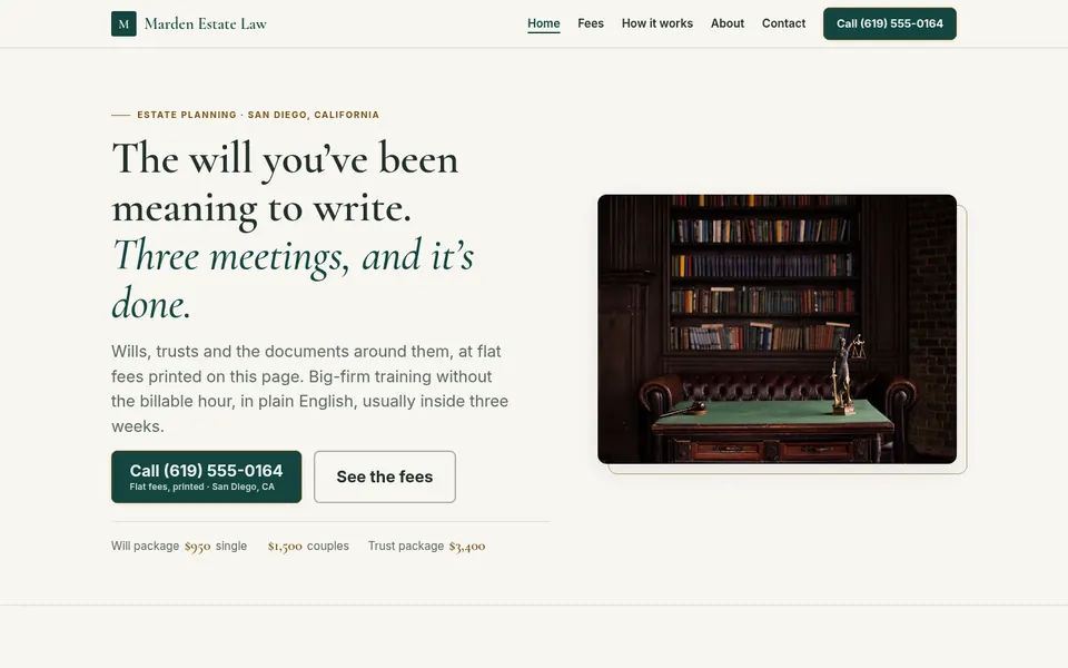 Marden Estate Law website, first screen on a desktop