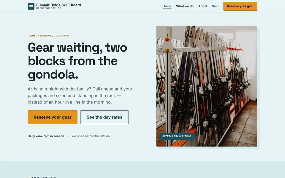 Summit Ridge Ski & Board website, first screen on a desktop