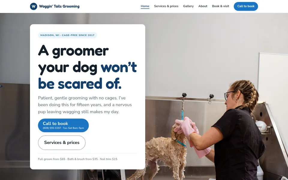 Waggin&rsquo; Tails Grooming website, first screen on a desktop