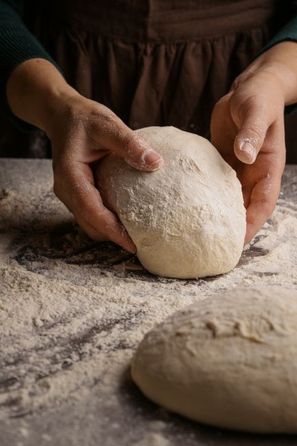 A baker&rsquo;s hands shaping a round of dough on a floured bench.
