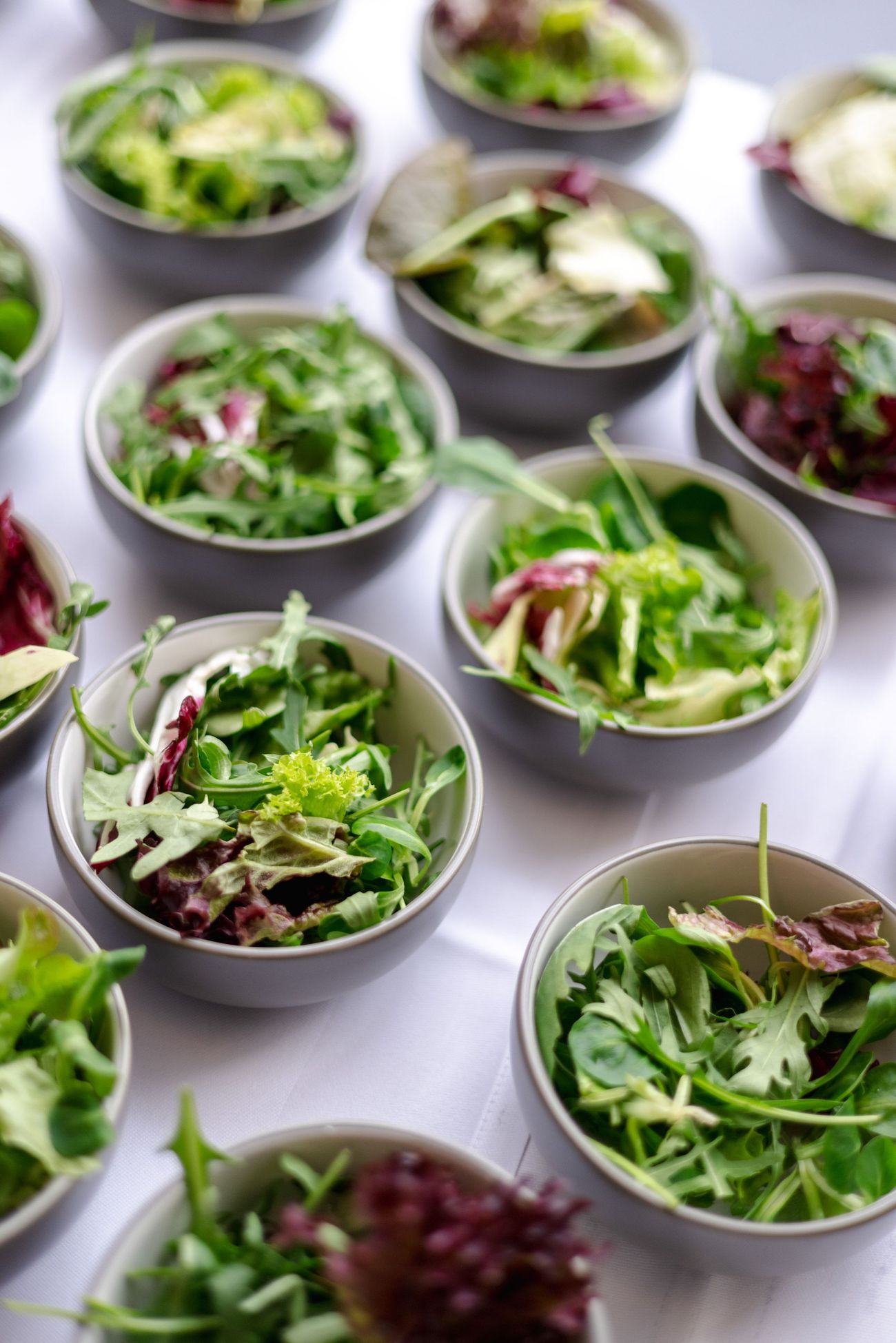 Rows of identical salad bowls portioned and lined up ready to go out at once
